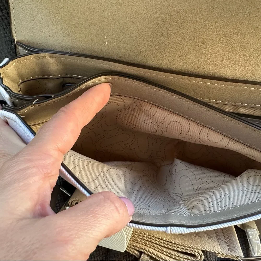 True-religion denim saddlebag purse - taupe and white